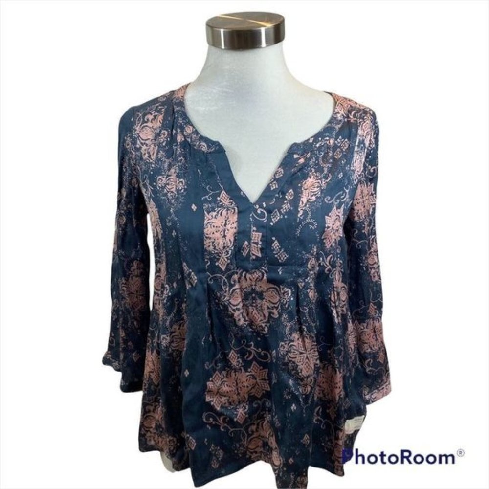 Ladies Odd Molly Printed Boho Peasant Blouse Size Large Blue and Pink